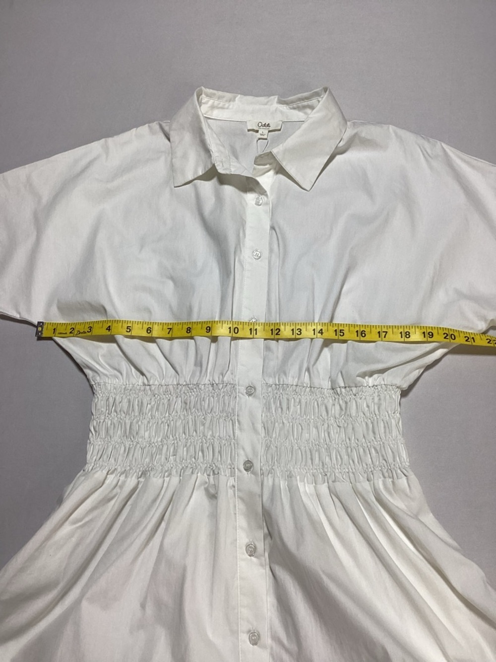 White Short Sleeve Mini Shirt Dress with Smocked Waist - Picture 10 of 12